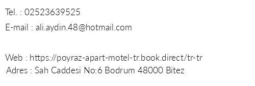 Poyraz Apart Motel telefon numaralar, faks, e-mail, posta adresi ve iletiim bilgileri